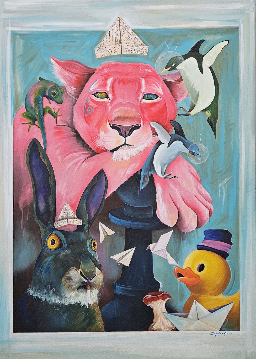 Jugada Maestral — pantera rosa con conejo, pato de goma y barco de papel.
